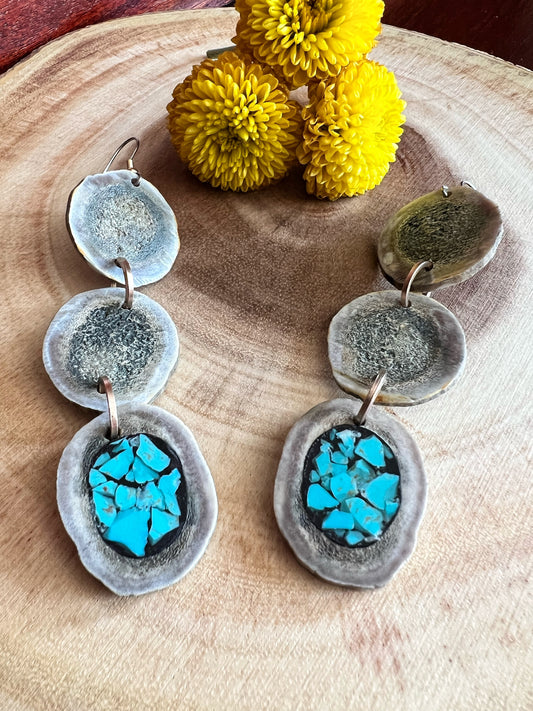 Triple Antler Disk Earrings with Turquoise Inlay