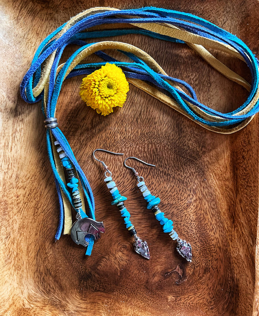 3 strands of leather lace in Turquoise, Buckskin & Periwinkle  Wrapped tight with Sterling Silver  Bear medallion on beaded strand of white, grey & brown shells with Turquoise